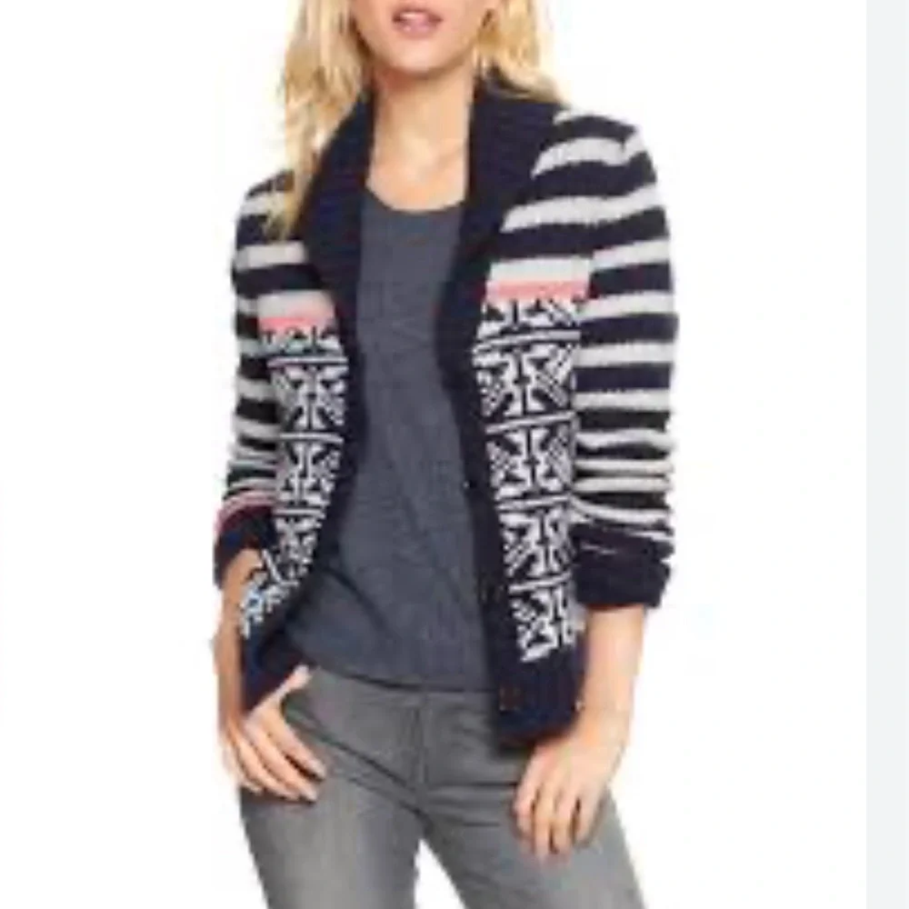 Gap Blue & White Stripe & Fair Isle Shawl Cardigan Wool Blend buttons Size Large